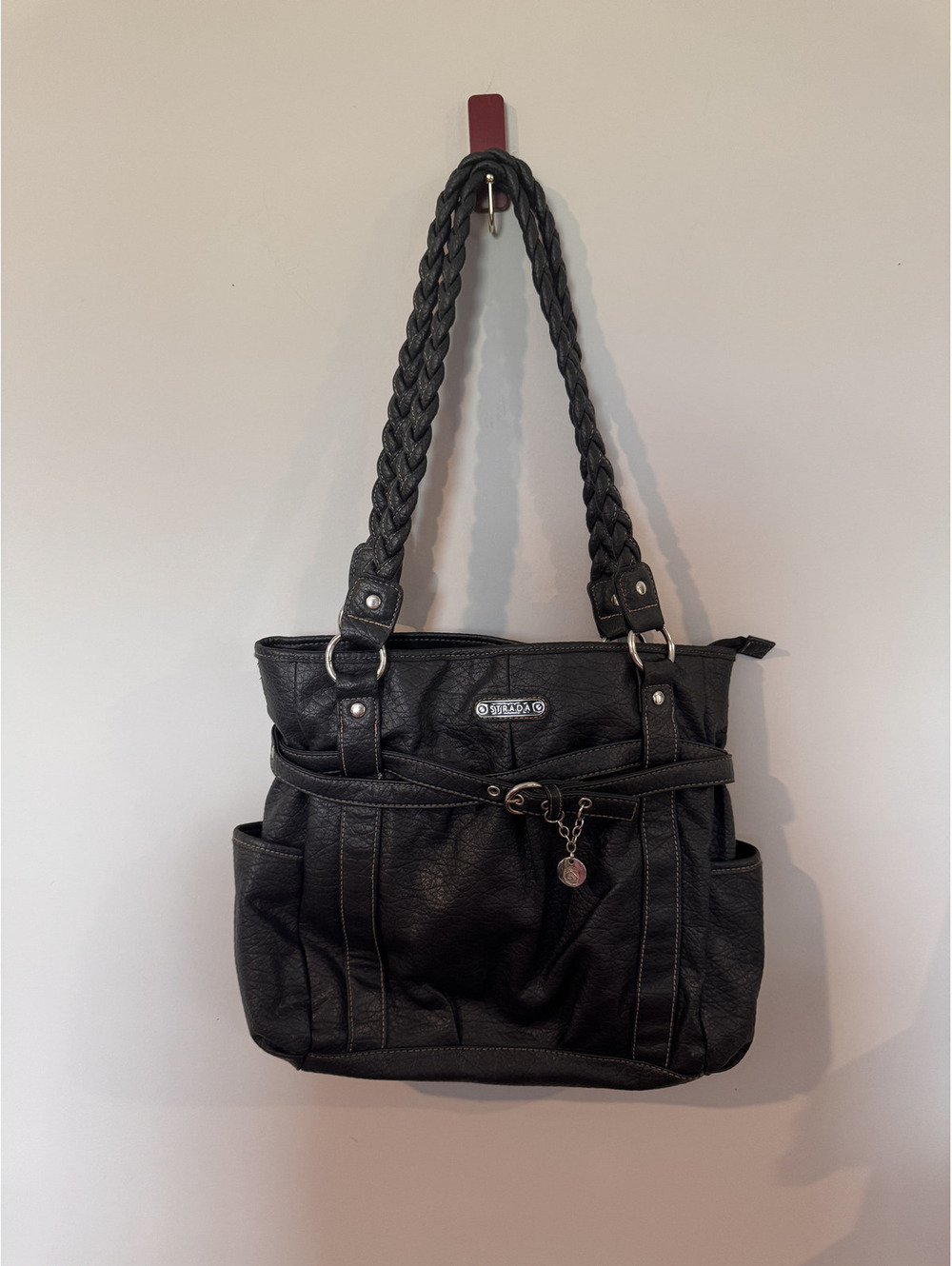 Strada Black Faux Pebbled Leather Shoulder Bag Braided Straps Tote Hobo